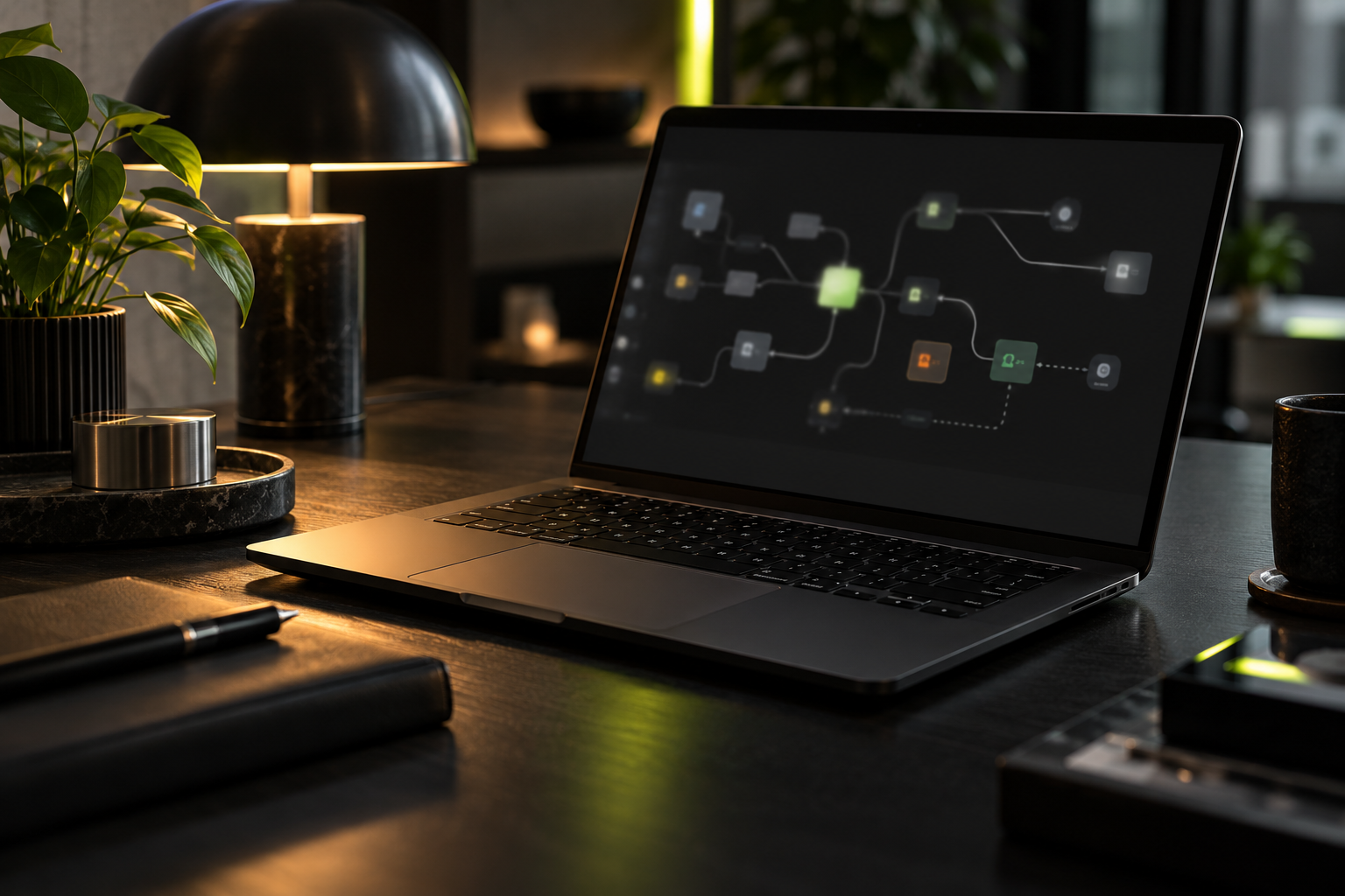 Illustrative dark workstation with a laptop and softly lit automation canvas
